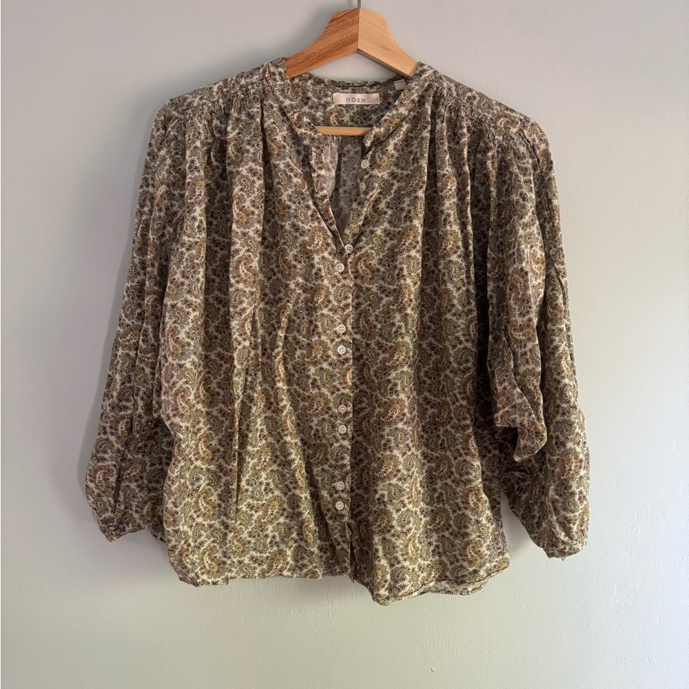 Doen Brown Tan Puff Sleeve Blouse